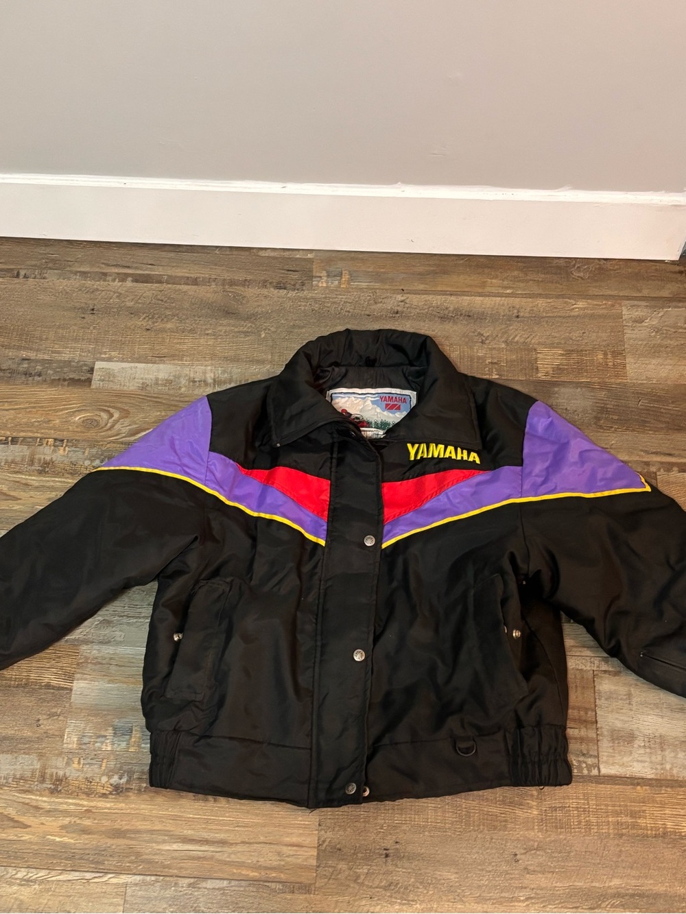 Yamaha Black Puffer Jacket with Purple, Red & Yellow Accents